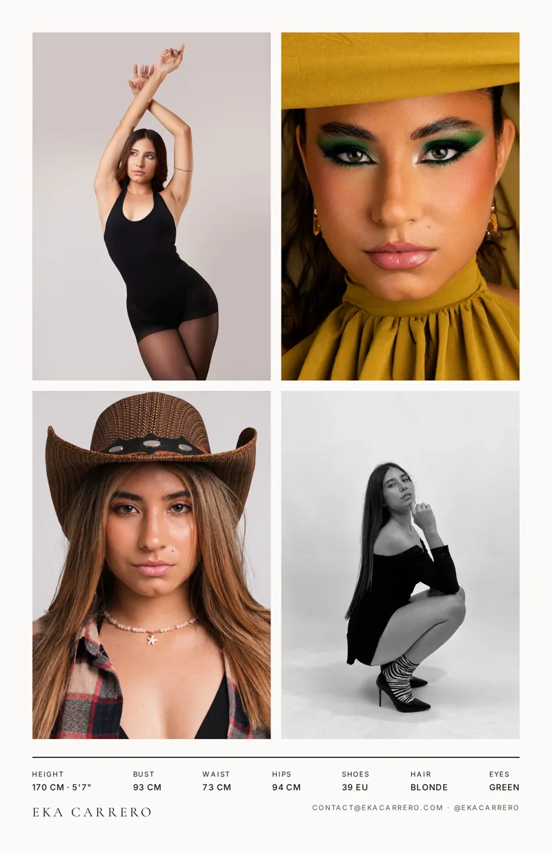 Inicio nuevo Comp card de Eka Carrero, reverso con cuatro fotos y medidas